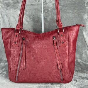 Faux Leather Large Oxblood Red Tote Zip Top Zippered Pockets Lined